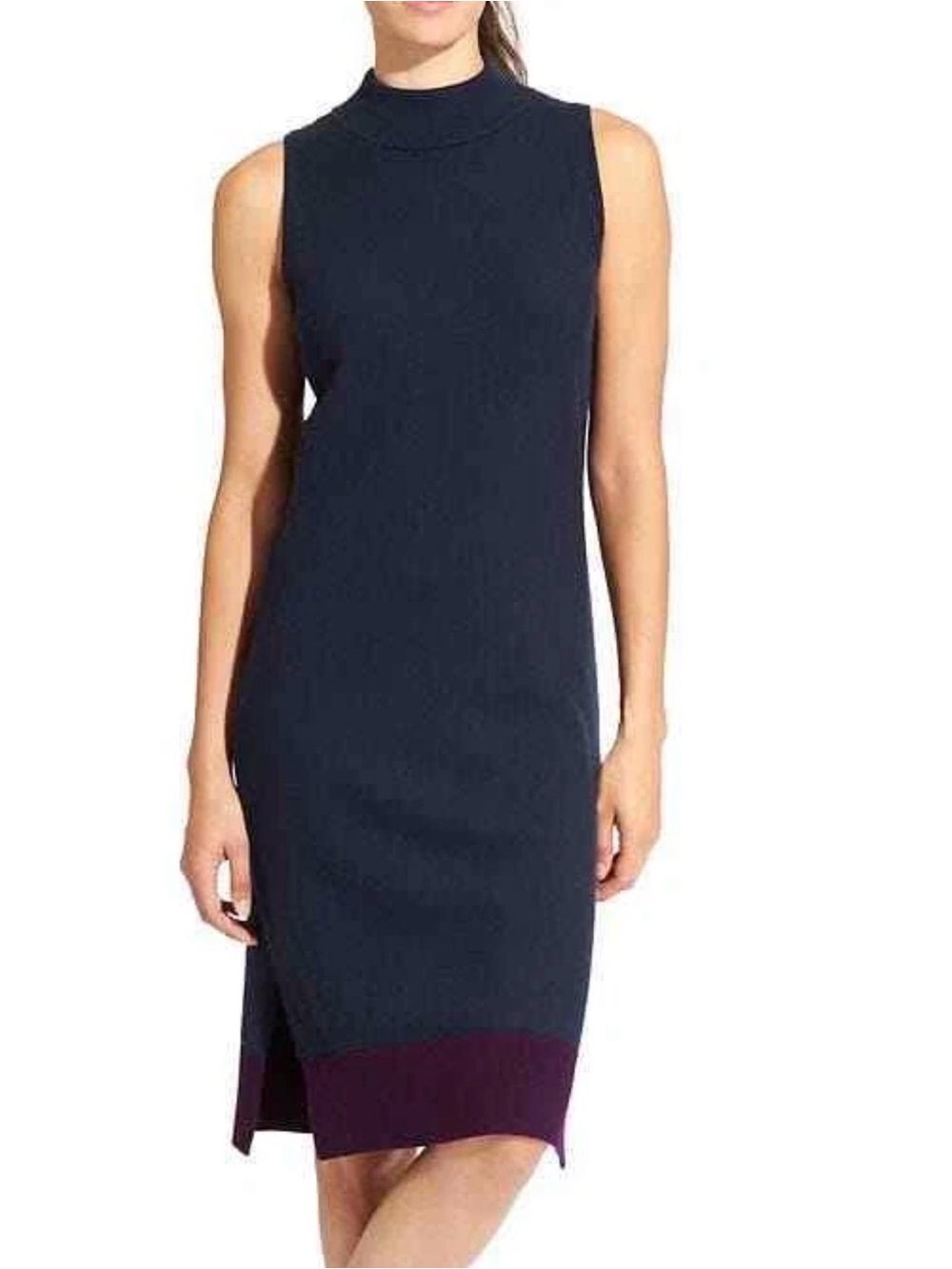 Athleta Navy Midi Wool Mock Neck Sheath Dress with Plum Hem